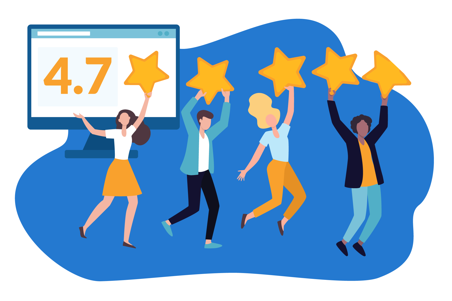 Desenho de quatro pessoas segurando estrelas de avaliações, ao lado de uma tela com a pontuação “4.7”.